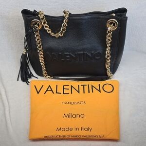Valentino Black Leather Shoulder Bag with Gold Chain